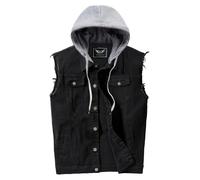 RongYue Men's Denim Vest Casual Button Stretchy Distressed Jean Sleeveless Jacket with Hood, Black, X-Large