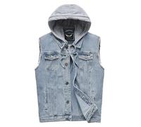 RongYue Men's Denim Vest Casual Button Stretchy Distressed Jean Sleeveless Jacket with Hood, Blue, Medium