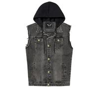 RongYue Men's Denim Vest Casual Button Stretchy Distressed Jean Sleeveless Jacket with Hood, Grey, Large