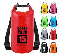 RONGZUBAT 15L Large Waterproof Dry Bag with Shoulder Strap, Roll Top Dry Sack for Outdoor Gear, Waterproof Bag for Kayaking, Boating, Paddle Boarding, Camping, Beach, Fishing and Travel - Red