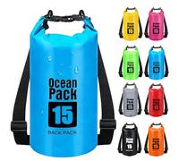 RONGZUBAT 15L Large Waterproof Dry Bag with Shoulder Strap, Roll Top Dry Sack for Outdoor Gear, Waterproof Bag for Kayaking, Boating, Paddle Boarding, Camping, Beach, Fishing and Travel - Blue