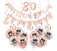 RONGZUBAT 18Pcs Rose Gold Happy 80th Birthday Decorations Set: Banner, Triangular Bunting, 80 Foil Hanging Swirls, Confetti Balloons, Number 80