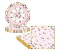 RONGZUBAT 36Pcs Floral Tea Paper Plates and Napkins Party Tableware Set,Afternoon Tea Birthday Paper Dessert Cake Plates Serviettes Disposable Tableware Set for Her Him Girls Women Tea Table Decor