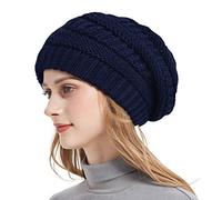 Roniky Winter Knit Beanie Hats for Women, Silk Satin Lined Chunky Cap Soft Stretch Cable Knit Warm Slouchy Beanie Hat, Navy Blue, One Size