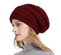 Roniky Winter Knit Beanie Hats for Women, Silk Satin Lined Chunky Cap Soft Stretch Cable Knit Warm Slouchy Beanie Hat, Burgundy, One Size