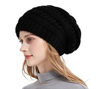 Roniky Winter Knit Beanie Hats for Women, Silk Satin Lined Chunky Cap Soft Stretch Cable Knit Warm Slouchy Beanie Hat, Black, One Size