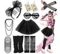Ronilp 80s Fancy Dress for women,1980s Fancy Party Black Costume Accessories Set, Tutu Skirt Leg Warmers Necklace Bracelets Fishnet Gloves 80s Lace Bow Headband Tape Earrings Sunglasses