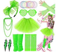 Ronilp 80s Fancy Dress For Women,1980s Fancy Party Green Costume Accessories Set, Tutu Skirt Leg Warmers Necklace Bracelets Fishnet Gloves 80s Lace Bow Headband Earrings Sunglasses