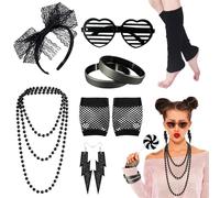 Ronilp 80s Fancy Dress for Women, Black 1980s Accessories for Women Costume Accessories Set with Leg Warmer Necklace Bracelet Bow Headband Fishnet Gloves Earrings Hollow Glasses