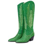 RONILURN Knee High Cowboy Boots for Women Cowgirl Western Boots Rhinestone Bling Pointed Toe Chunky Heel Pull On Fashion Shoes Tall Black Boot, Green Knee High, 7 UK