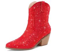 RONILURN Women Cowgirl Rhinestone Mid Calf Boots Sparkly Glitter Boots Bling Pointed Toe Chunky Heel Pull On, Red&red Ankle, 5 UK