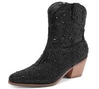 RONILURN Women Cowgirl Rhinestone Mid Calf Boots Sparkly Glitter Boots Bling Pointed Toe Chunky Heel Pull On, Ankle Black, 5.5 UK