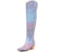 RONILURN Women Rhinestone Over the Knee Cowboy Boots, Sparkly Bling Cowgirl Boots Western Thigh High Boots Pull-On Side Zippers Chunky Heel Pointed Toe Size5-12 For Fashion&Daily, Blue&pink, 5 UK