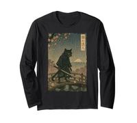 Ronin The Samurai Cat Cherry Blossom Ukiyo-e Manga Kanji Art Long Sleeve T-Shirt
