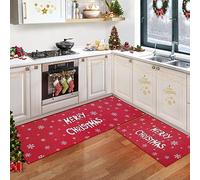 RONIPIC 2-Piece Christmas Kitchen Rug Set, Non-Slip Doormat & Entryway Runner (40x60cm + 40x120cm), Washable White Printed Letter Design for Hallway Christmas Decor
