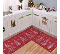 RONIPIC 2-Piece Christmas Kitchen Rug Set, Red Xmas Tree & Snowflake Design, Non-Slip Washable Runner & Mat (40x60cm + 40x120cm) for Kitchen, Hallway & Home Festive Decoration