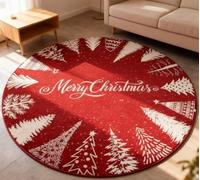 RONIPIC Festive Round Christmas Area Rug, Red Design with Various Christmas Trees & Merry Christmas Lettering, Non-Slip Indoor Decorative Rug, Ideal for Entryway & Holiday Home Decor, 120 * 120cm