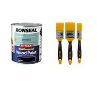 RONSEAL 10 Year Weatherproof 2 in 1 Wood Paint Black Satin 750ml & Coral 31416 Zero Paint Brushes with No Loss of Bristle Paintbrush Heads 3 Piece Pa