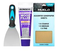 Ronseal Natural Wood Filler Tube 325g - Strong Wood Putty for Oak, Pine & MDF - Includes 3” Muelo Metal Filler Tool & 3 Sandpaper Sheets (Medium, Coarse, Fine) for Wood Repairs
