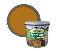 Ronseal RSLOCFLHG5L One Coat Fence Life, Harvest Gold, 5 Litre | Water-based timber coating delivers colour and weather resistance across rough-sawn exterior wooden structures.