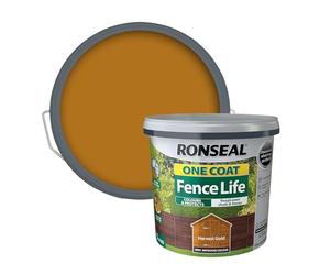 Ronseal RSLOCFLHG5L One Coat Fence Life, Harvest Gold, 5 Litre | Water-based timber coating delivers colour and weather resistance across rough-sawn exterior wooden structures.