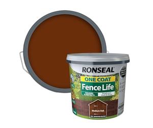 RONSEAL RSLOCFLMO5L One Coat Fence Life, Medium Oak, 5 Litre | Water-based timber coating delivers colour and weather resistance across rough-sawn exterior wooden structures.