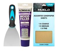 Ronseal White Wood Filler Tube 325g - Strong Wood Putty for Oak, Pine & MDF - Includes 3” Muelo Metal Filler Tool & 3 Sandpaper Sheets (Medium, Coarse, Fine) for Wood Repairs