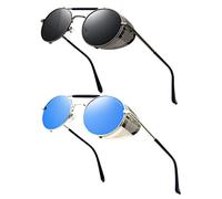 RONSOU Steampunk Style Round Vintage Sunglasses Retro Eyewear UV400 Protection Matel Frame Grey & Blue Lens