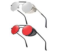 RONSOU Steampunk Style Round Vintage Sunglasses Retro Eyewear UV400 Protection Matel Frame Silver & Red Lens