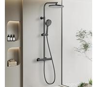 Ronvie Adjustable Shower Set with 25cm Round Overhead Rainfall Shower Head & Handheld Spray - Thermostatic Mixer, Matt Black, Anti-Leak Stainless Steel Hose, Easy Installation for Bathrooms
