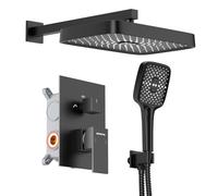 Ronvie Concealed Shower Mixer Set, 2-Outlet Brass Shower System with 12 Inch High Pressure Rainfall Shower Head and Handheld Spray, Anti-Clog Nozzle Wall Mounted Bathroom Fixtures (Black)