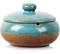 RONXS Ashtray with Lid, Smell Proof Large Ash tray for Outside Indoor- Vintage Blue and Brown, Windproof Ashtrays for Cigarettes, Glossy Ceramic Decoration for Home Office Cafe Garden Patio