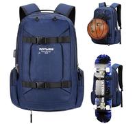 Ronyes Skateboard Backpack Basketball Baseball Football Soccer Ball Multi-function Backpack With USB Port Basketball Net Fits 17.3 Inch Laptop Blue