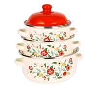 Ronyme 3Pcs Enamel Stockpots with Lid Enamel Pot Set Flower Pattern Flat Bottom Cooking Pots Stew Bean Simmer Pot for Home Dining, Red
