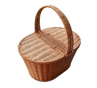 Ronyme Outdoor Picnic Basket Wicker Hamper Tote Storage with Lid Polypropylene Structured Hard Sided Body Arched Carry Handle Dust Protection Suitable for, Brown, Small Oval Picnic Basket 40x25cm