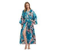 Roobees Women's Premium Long Kimono Peacock Robe Bridesmaid Bridal Wedding Party Dressing Gown Pyjamas Nightwear (Peacock Flower-Lake Blue)