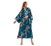 Roobees Women's Premium Long Kimono Peacock Robe Bridesmaid Bridal Wedding Party Dressing Gown Pyjamas Nightwear (Peacock Flower-Peacock Blue)