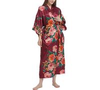 Roobees Women's Premium Long Kimono Peacock Robe Bridesmaid Bridal Wedding Party Dressing Gown Pyjamas Nightwear (Peacock Flower-Black)