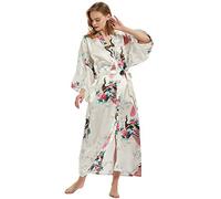 Roobees Women's Premium Long Kimono Peacock Robe Bridesmaid Bridal Wedding Party Dressing Gown Pyjamas Nightwear (Peacock Flower-White)