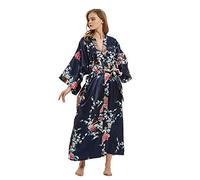 Roobees Women's Premium Long Kimono Peacock Robe Bridesmaid Bridal Wedding Party Dressing Gown Pyjamas Nightwear (Peacock Flower-Navy)