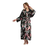 Roobees Women's Premium Long Kimono Peacock Robe Bridesmaid Bridal Wedding Party Dressing Gown Pyjamas Nightwear (Peacock Flower-Black)