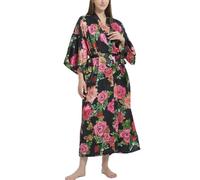 Roobees Women's Premium Long Kimono Peacock Robe Bridesmaid Bridal Wedding Party Dressing Gown Pyjamas Nightwear (Peacock Flower-Black)