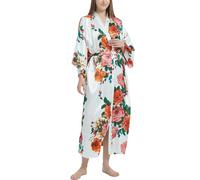 Roobees Women's Premium Long Kimono Peacock Robe Bridesmaid Bridal Wedding Party Dressing Gown Pyjamas Nightwear (Peacock Flower-Black)