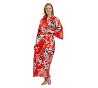 Roobees Women's Premium Long Kimono Peacock Robe Bridesmaid Bridal Wedding Party Dressing Gown Pyjamas Nightwear (Peacock Flower-Red)