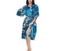 Roobees Women's Satin Rose Print Kimono Robe Premium Peacock Bridesmaid Bridal Dressing Gown Sleepwear Nightwear