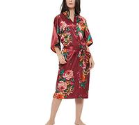 Roobees Women's Satin Rose Print Kimono Robe Premium Peacock Bridesmaid Bridal Dressing Gown Sleepwear Nightwear