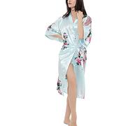 Roobees Women's Satin Rose Print Kimono Robe Premium Peacock Bridesmaid Bridal Dressing Gown Sleepwear Nightwear