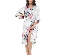 Roobees Women's Satin Rose Print Kimono Robe Premium Peacock Bridesmaid Bridal Dressing Gown Sleepwear Nightwear