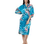 Roobees Women's Satin Rose Print Kimono Robe Premium Peacock Bridesmaid Bridal Dressing Gown Sleepwear Nightwear