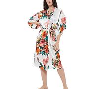 Roobees Women's Satin Rose Print Kimono Robe Premium Peacock Bridesmaid Bridal Dressing Gown Sleepwear Nightwear